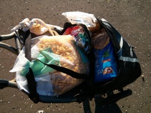 Burley Travoy trailer full of groceries