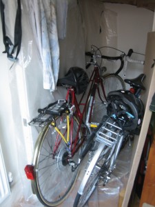 Red bicycle in the bike storage space